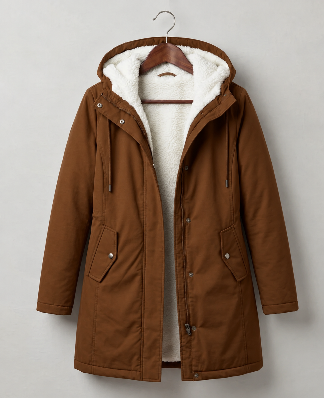 Abrigo Largo Impermeable con Capucha y Forro Sherpa