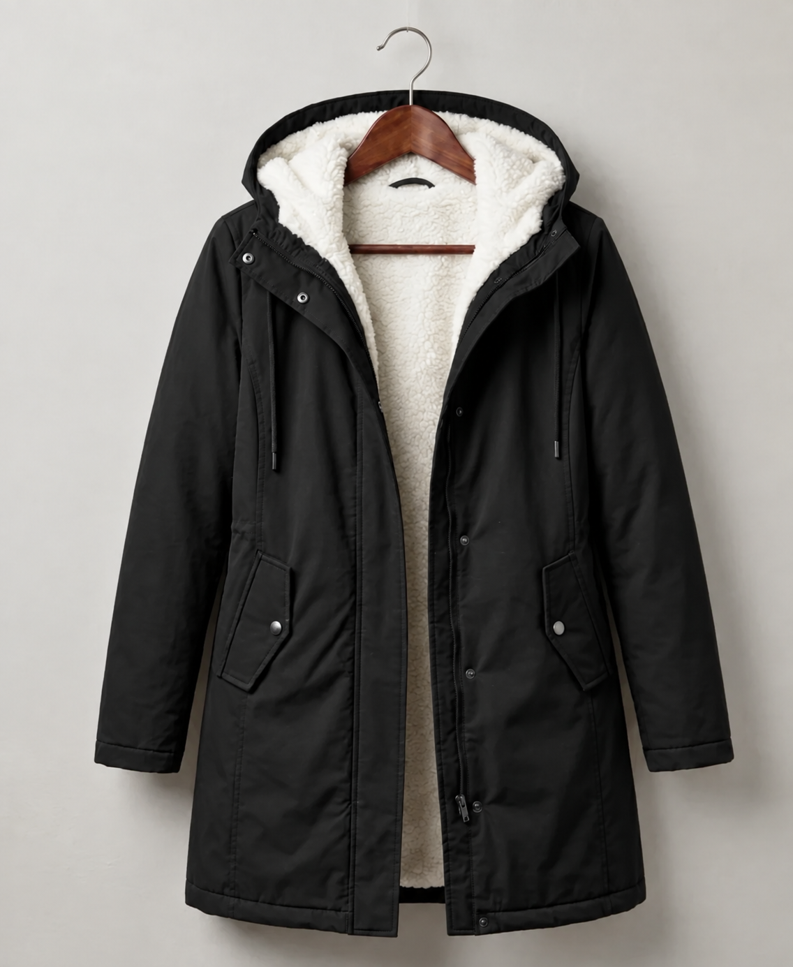 Abrigo Largo Impermeable con Capucha y Forro Sherpa
