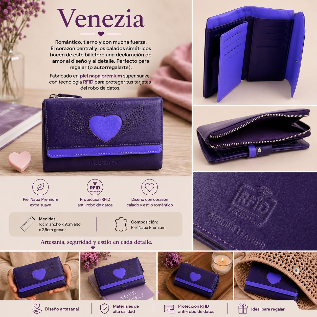 Billetero de Piel con Corazón Calado, Tono Intenso y Protección RFID