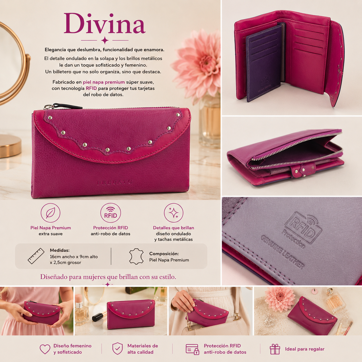 Billetero de Piel Glamouroso con Solapa Ondulada y Detalles Metálicos