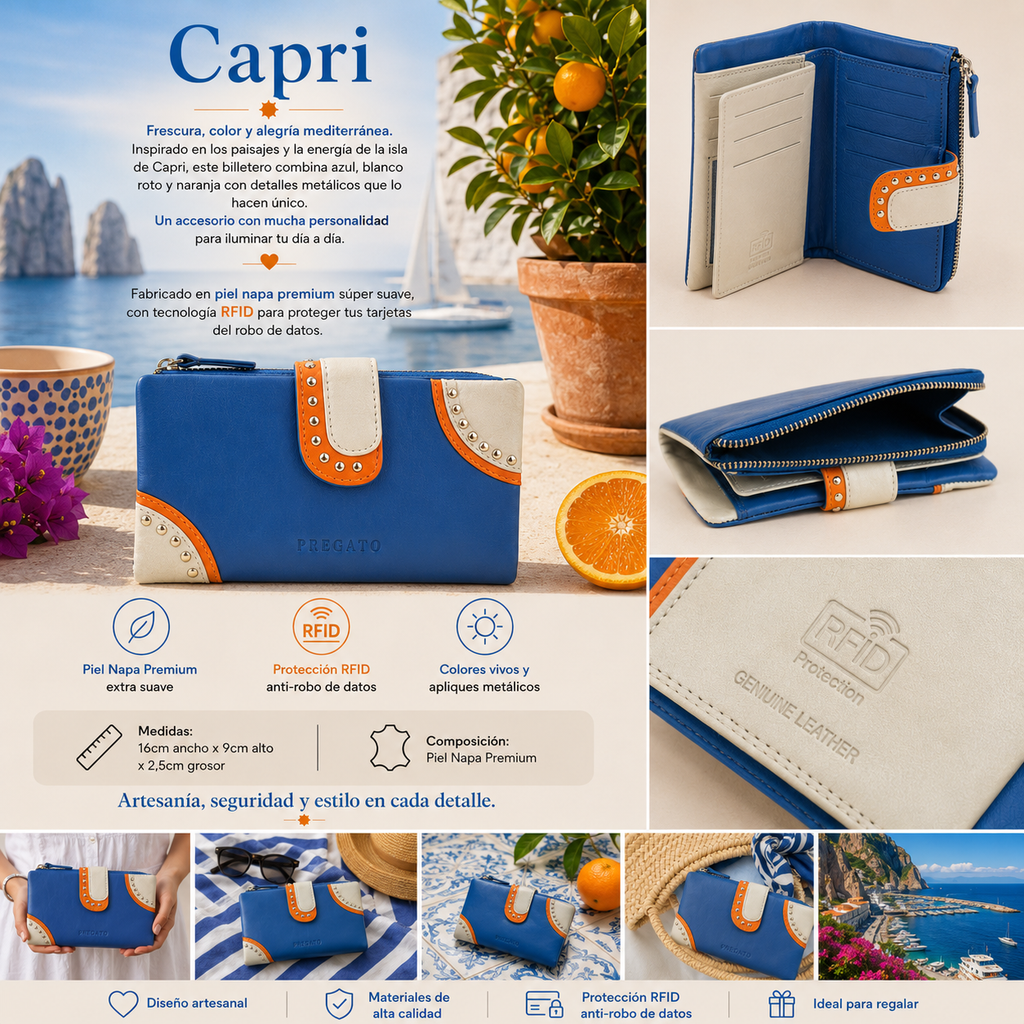Billetero de Piel con Colores Mediterráneos y Detalles Metálicos