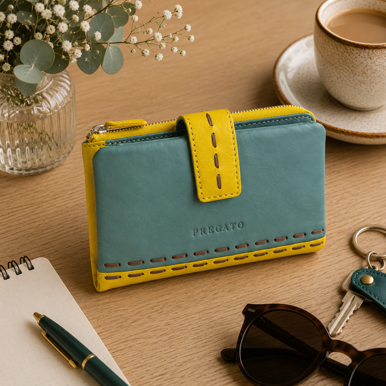 Billetero de Piel con Combinación Azul Cielo y Amarillo