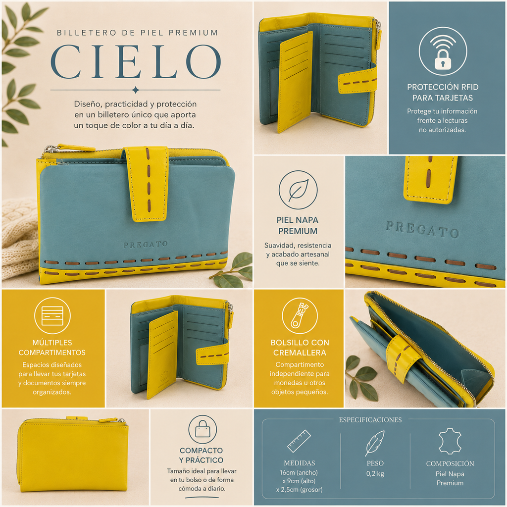 Billetero de Piel con Combinación Azul Cielo y Amarillo