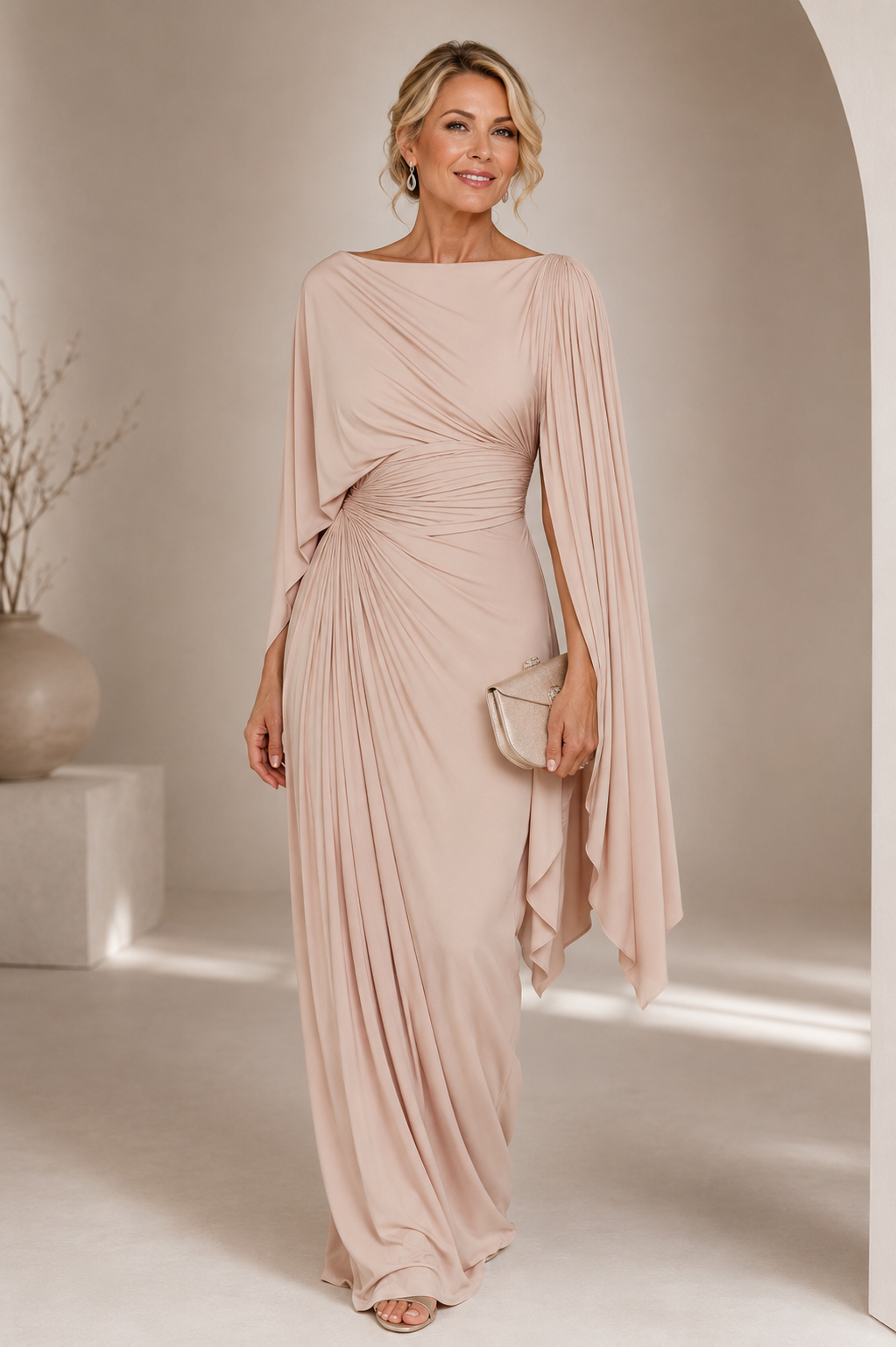 Vestido Largo Plisado con Escote Barco
