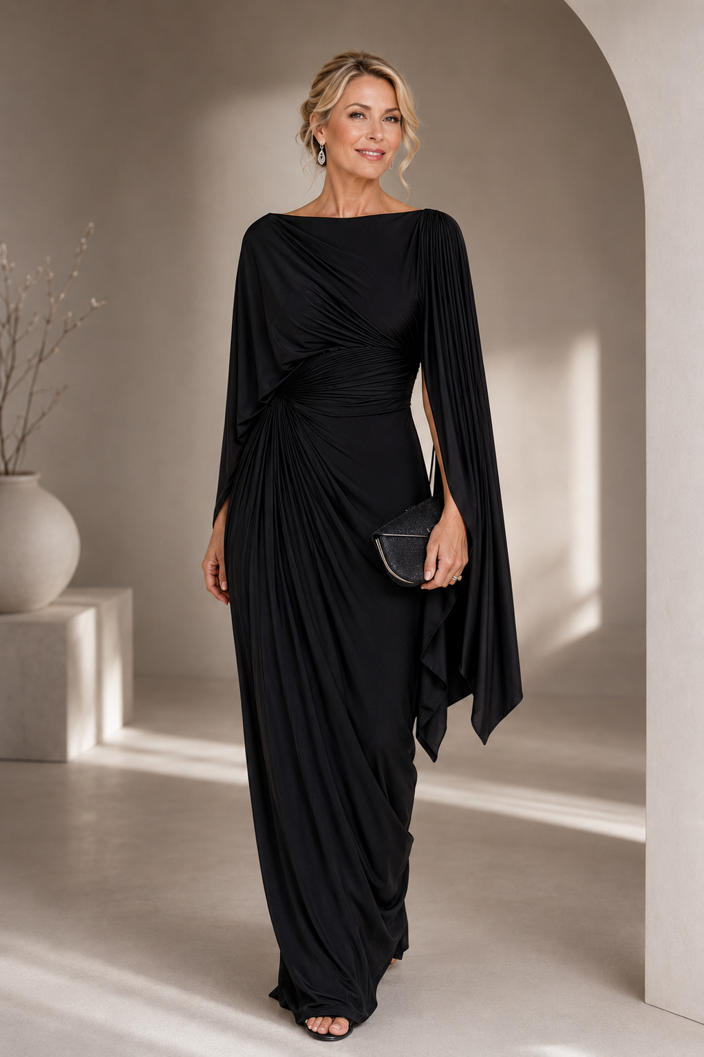 Vestido Largo Plisado con Escote Barco