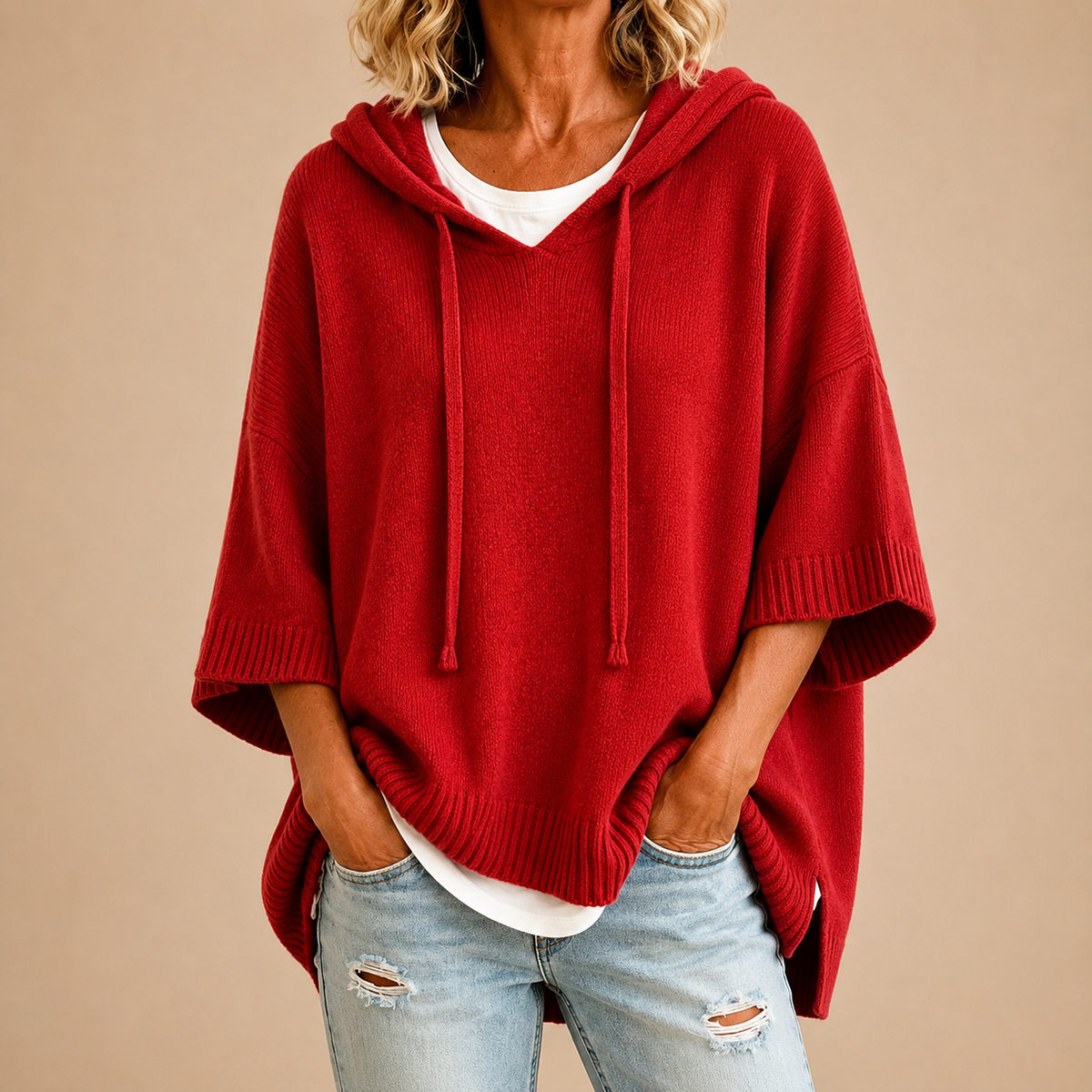 Poncho de Punto con Capucha y Manga Tres Cuartos