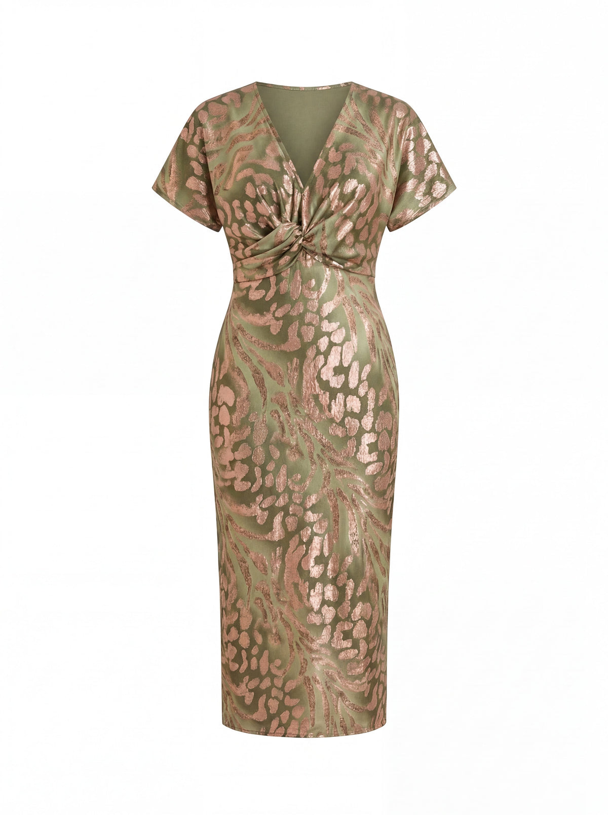 Vestido Midi con Estampado Dorado y Escote Cruzado