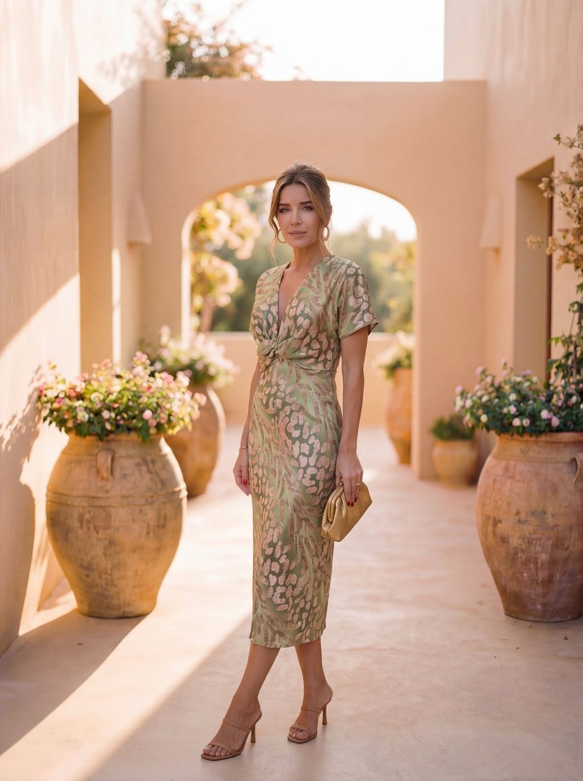 Vestido Midi con Estampado Dorado y Escote Cruzado