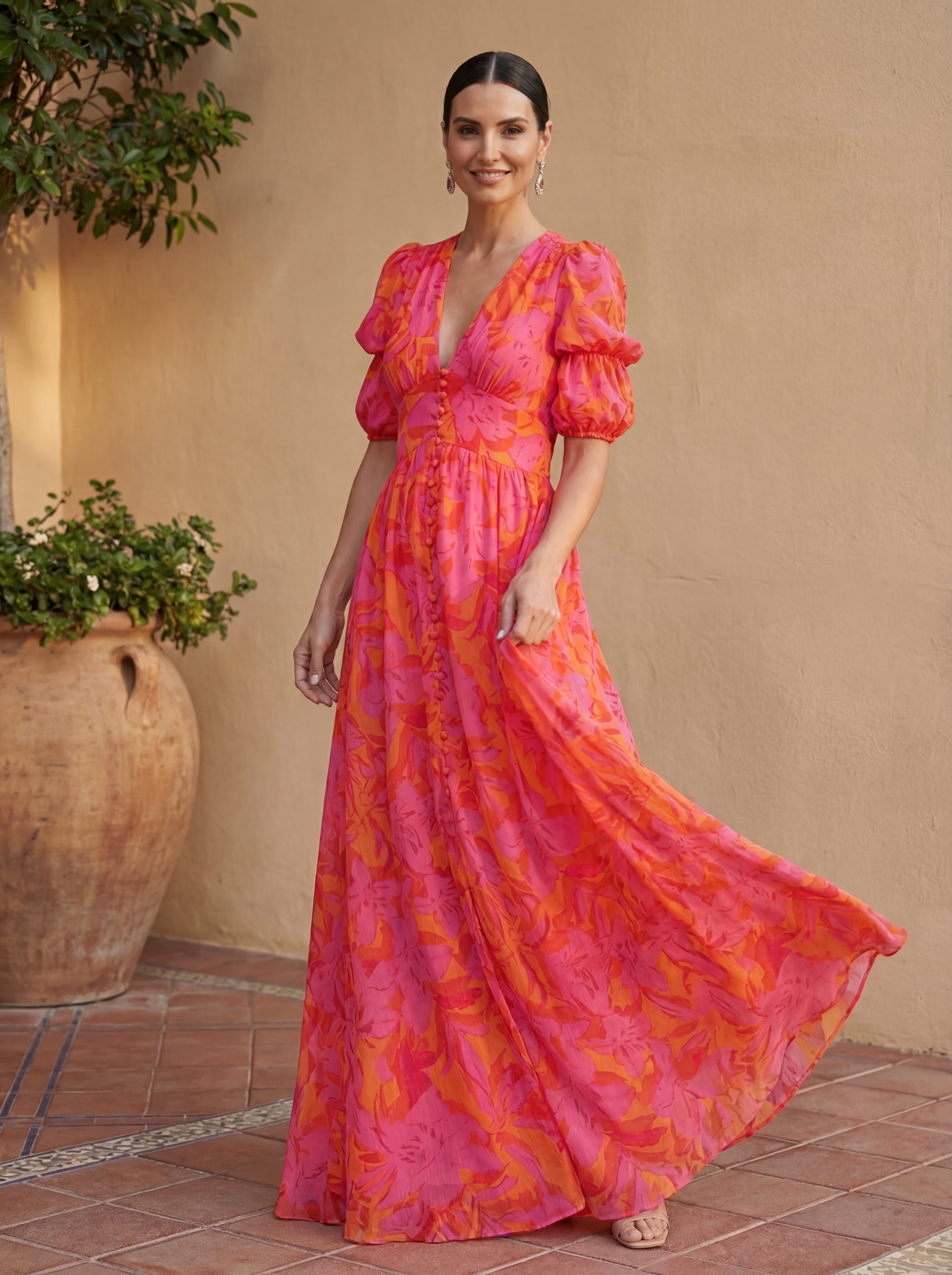 Vestido Largo Fluido de Cintura Marcada y Corte Alargado