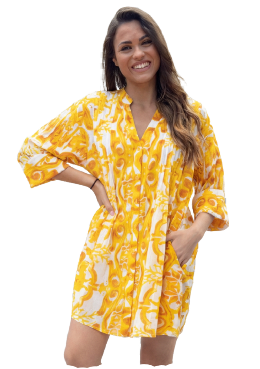 Vestido Camisero Boho Amplio de Algodón con Bolsillos y Manga Larga