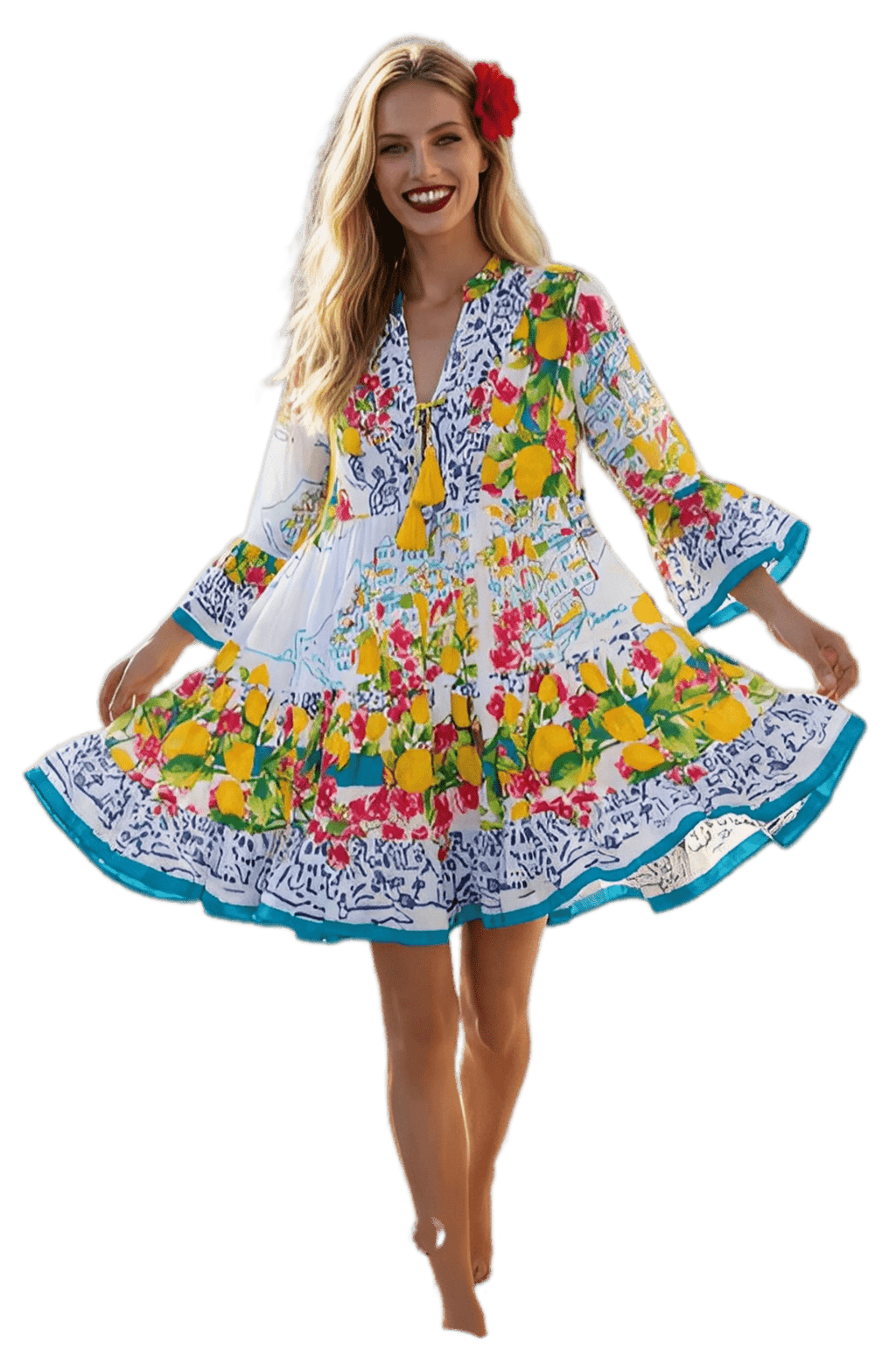 Vestido Corto Boho Estampado con Cuello Mao y Bordado Delantero