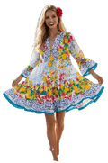 Vestido Corto Boho Estampado con Cuello Mao y Bordado Delantero