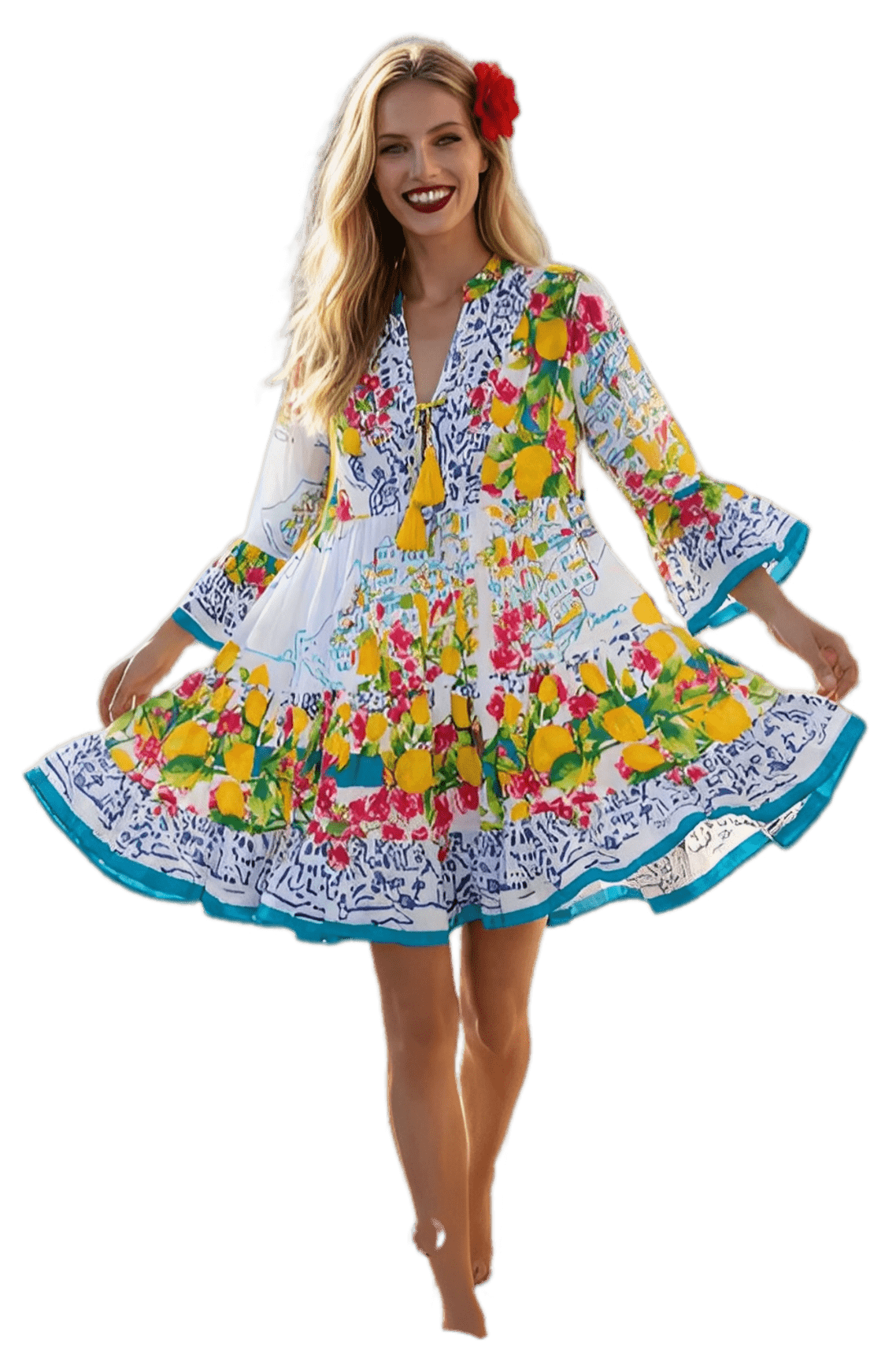 Vestido Corto Boho Estampado con Cuello Mao y Bordado Delantero