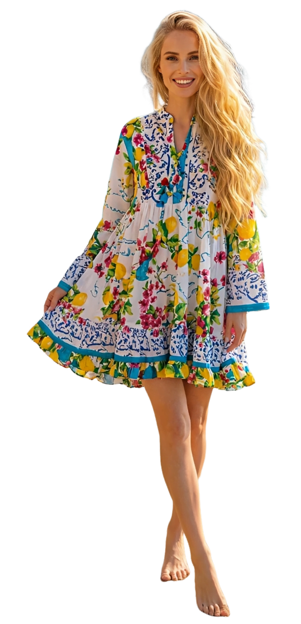 Vestido Corto Boho Estampado con Cuello Mao y Bordado Delantero