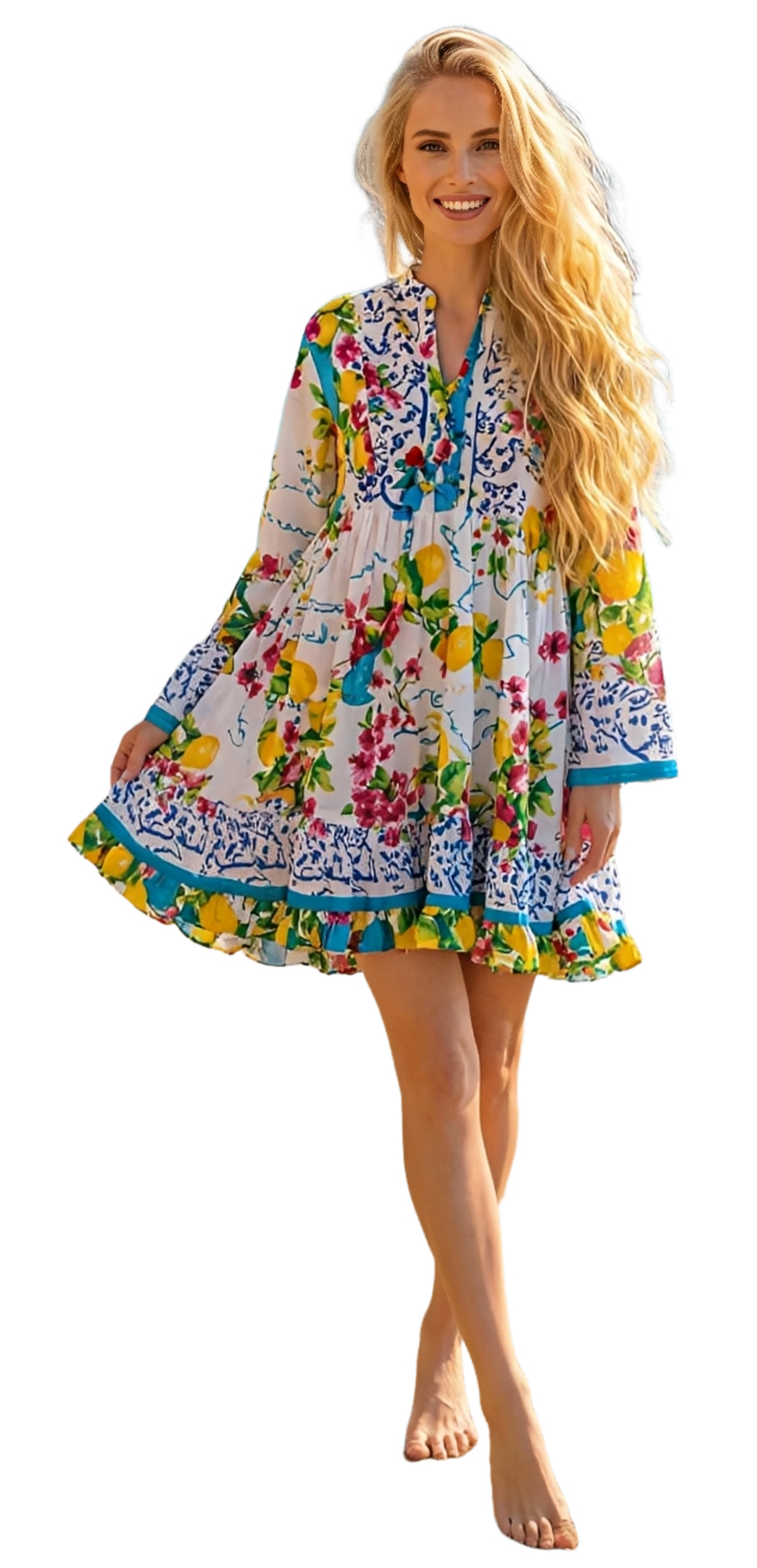 Vestido Corto Boho Estampado con Cuello Mao y Bordado Delantero