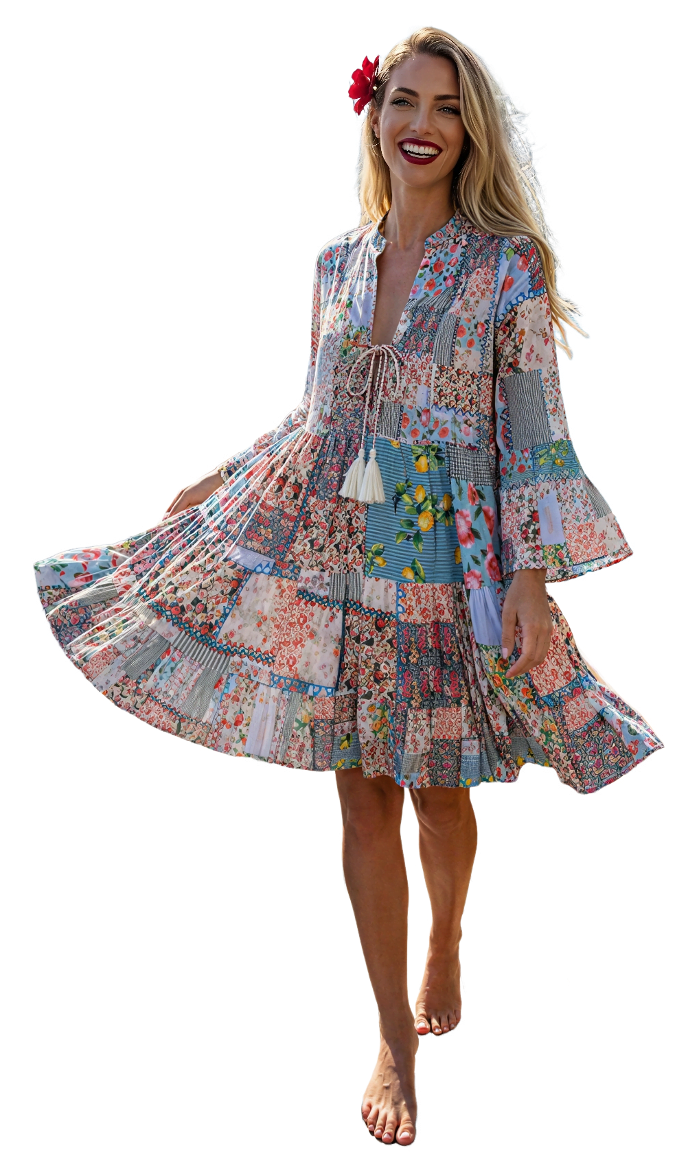 Vestido Corto Boho Estampado con Cuello Mao y Bordado Delantero