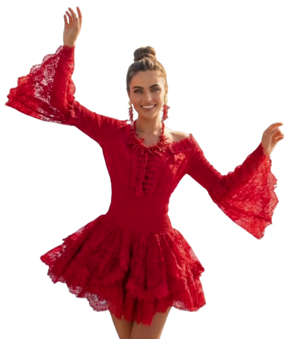 Vestido Corto Boho de Encaje con Mangas Campana y Cintura Entallada