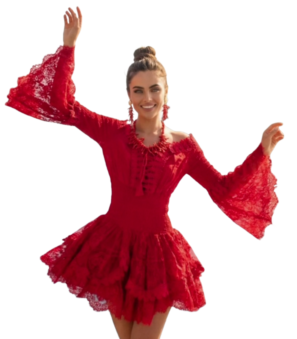 Vestido Corto Boho de Encaje con Mangas Campana y Cintura Entallada