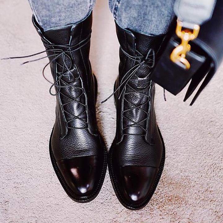 Botines de Cordones con Puntera Contrastada y Tacón Bajo