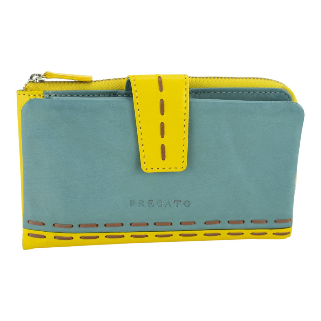 Billetero de Piel con Combinación Azul Cielo y Amarillo
