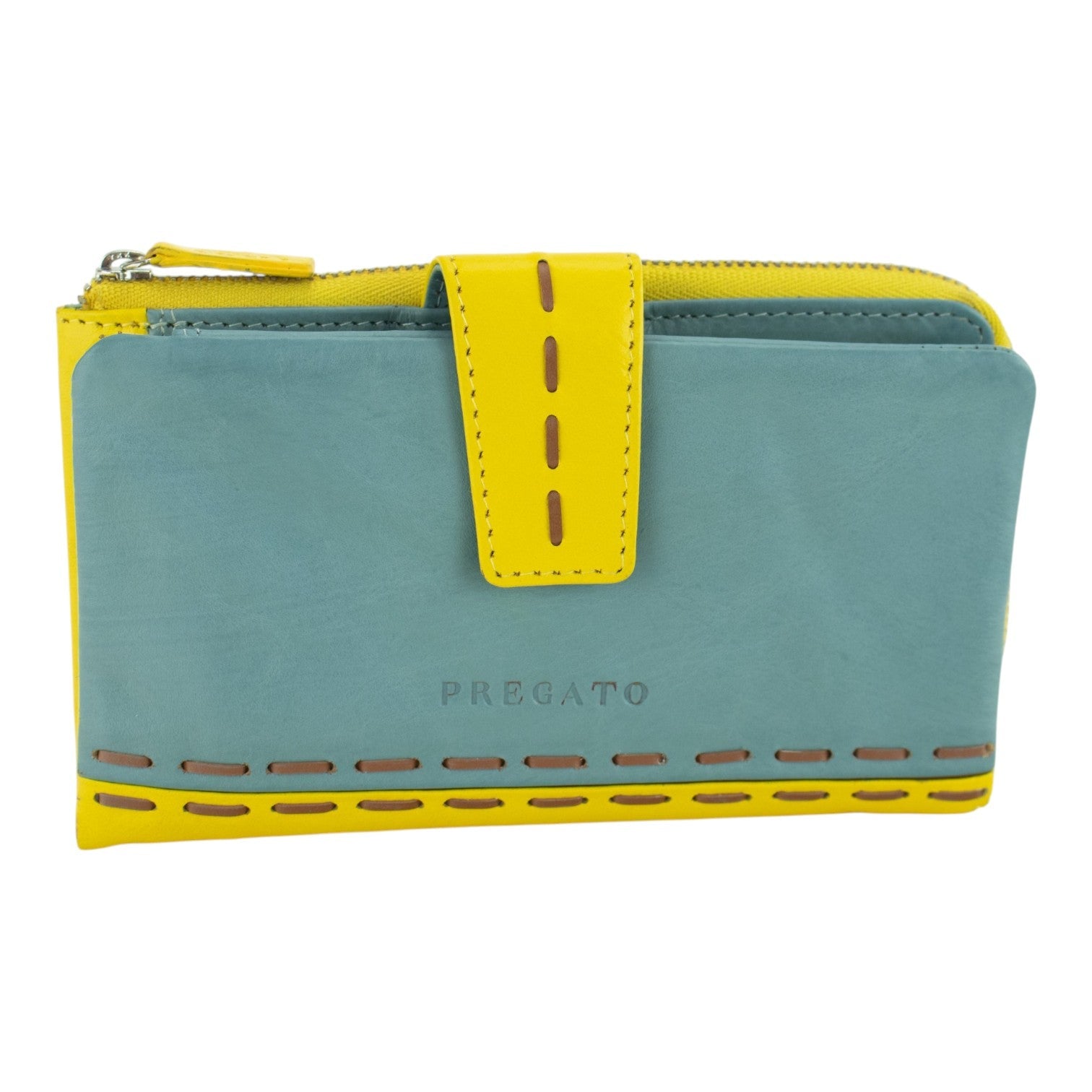 Billetero de Piel con Combinación Azul Cielo y Amarillo