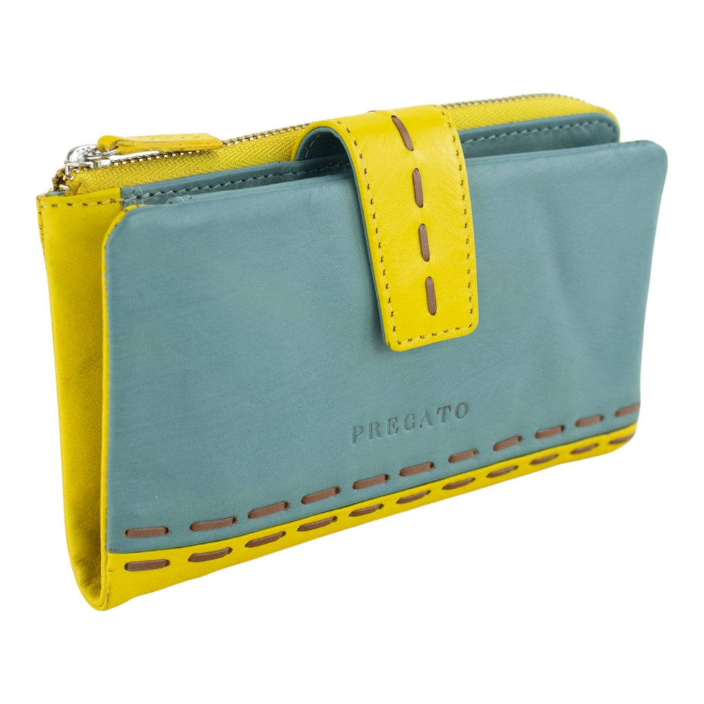 Billetero de Piel con Combinación Azul Cielo y Amarillo