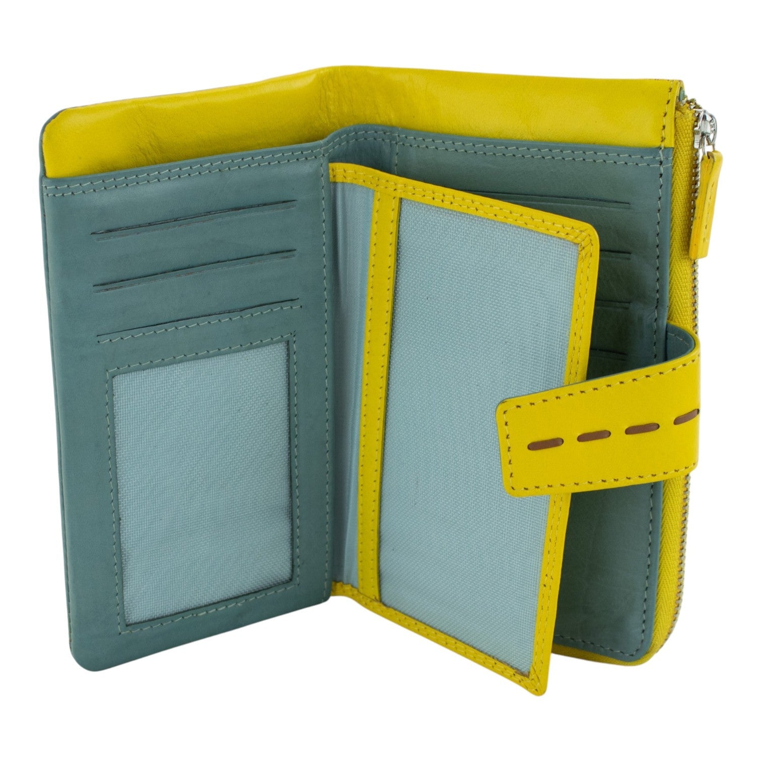 Billetero de Piel con Combinación Azul Cielo y Amarillo