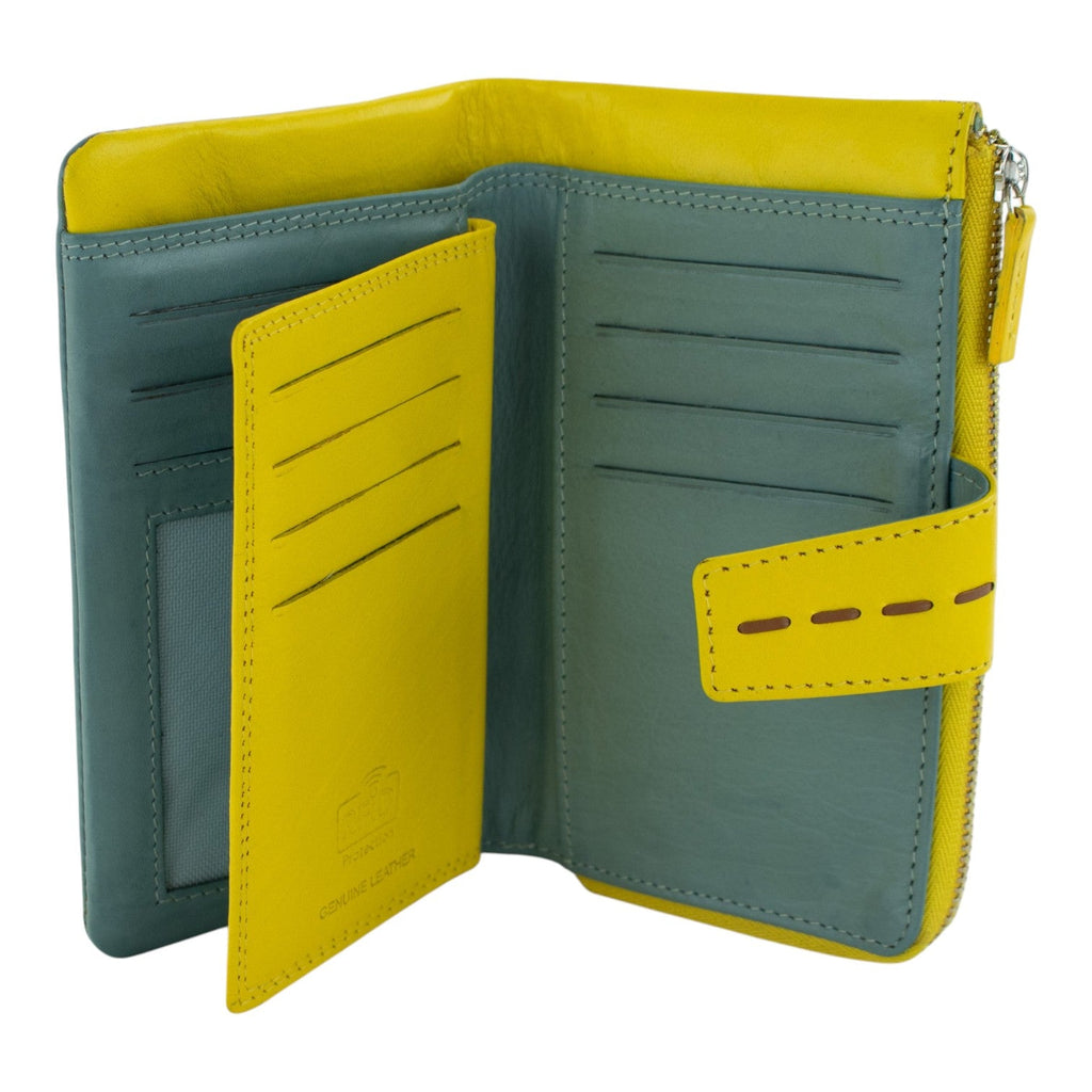 Billetero de Piel con Combinación Azul Cielo y Amarillo