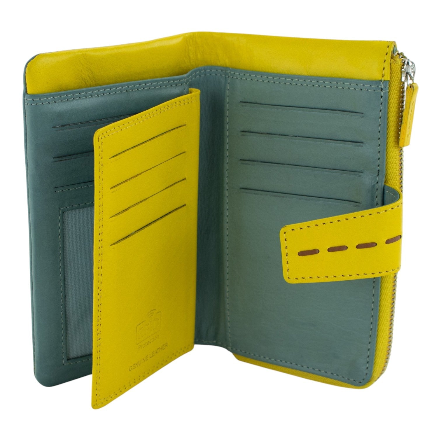 Billetero de Piel con Combinación Azul Cielo y Amarillo