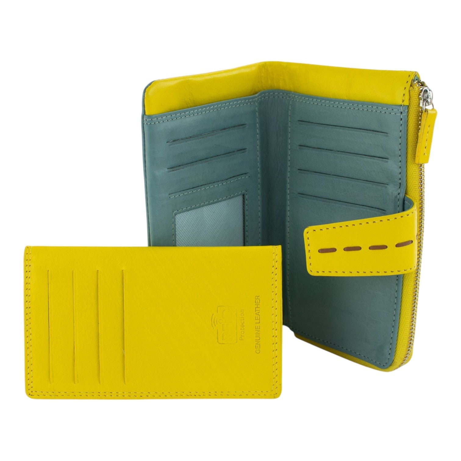 Billetero de Piel con Combinación Azul Cielo y Amarillo