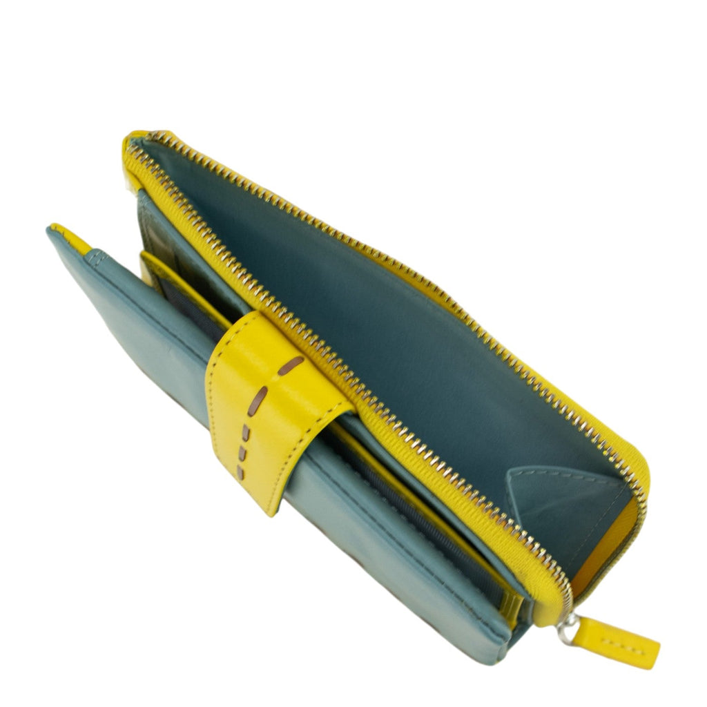 Billetero de Piel con Combinación Azul Cielo y Amarillo