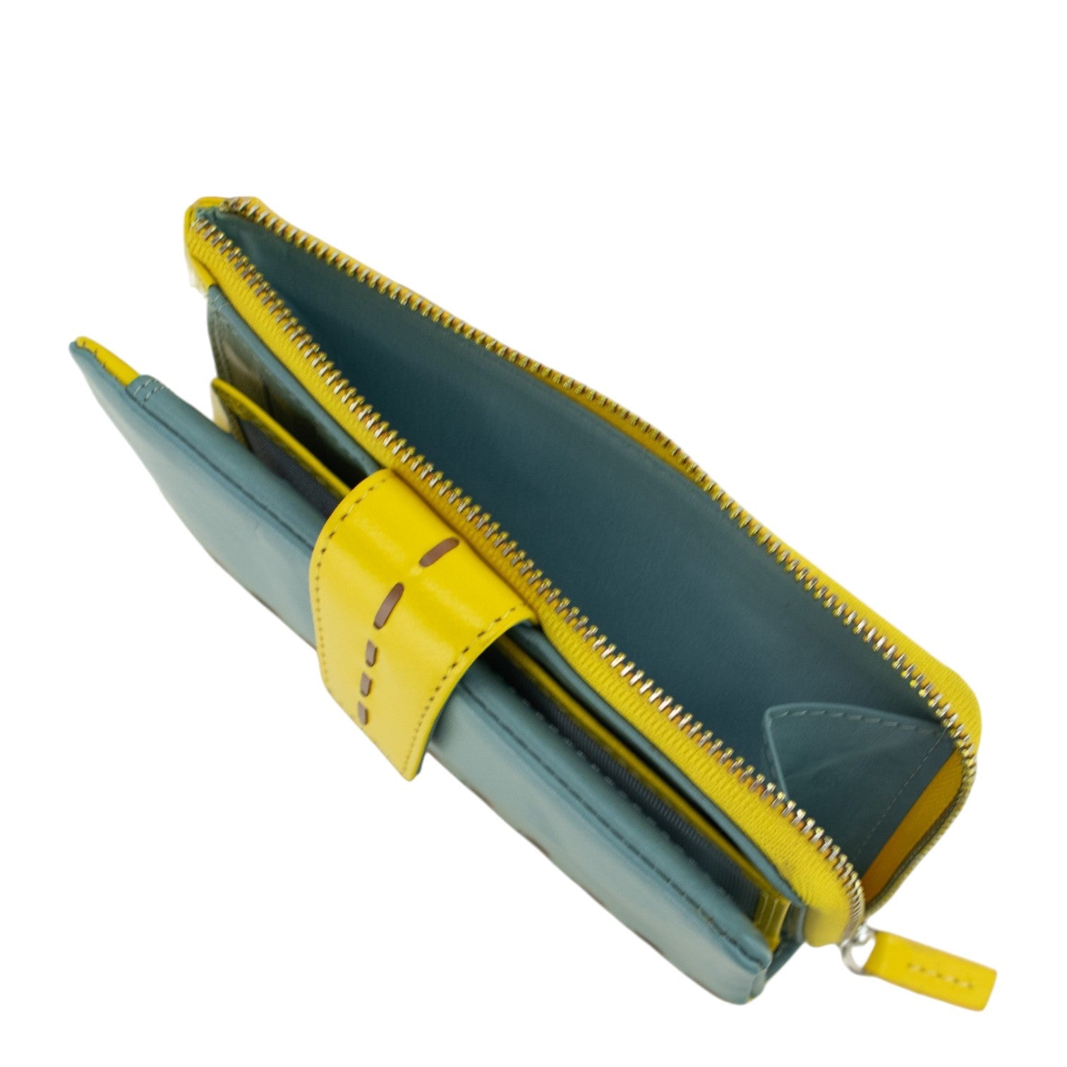 Billetero de Piel con Combinación Azul Cielo y Amarillo