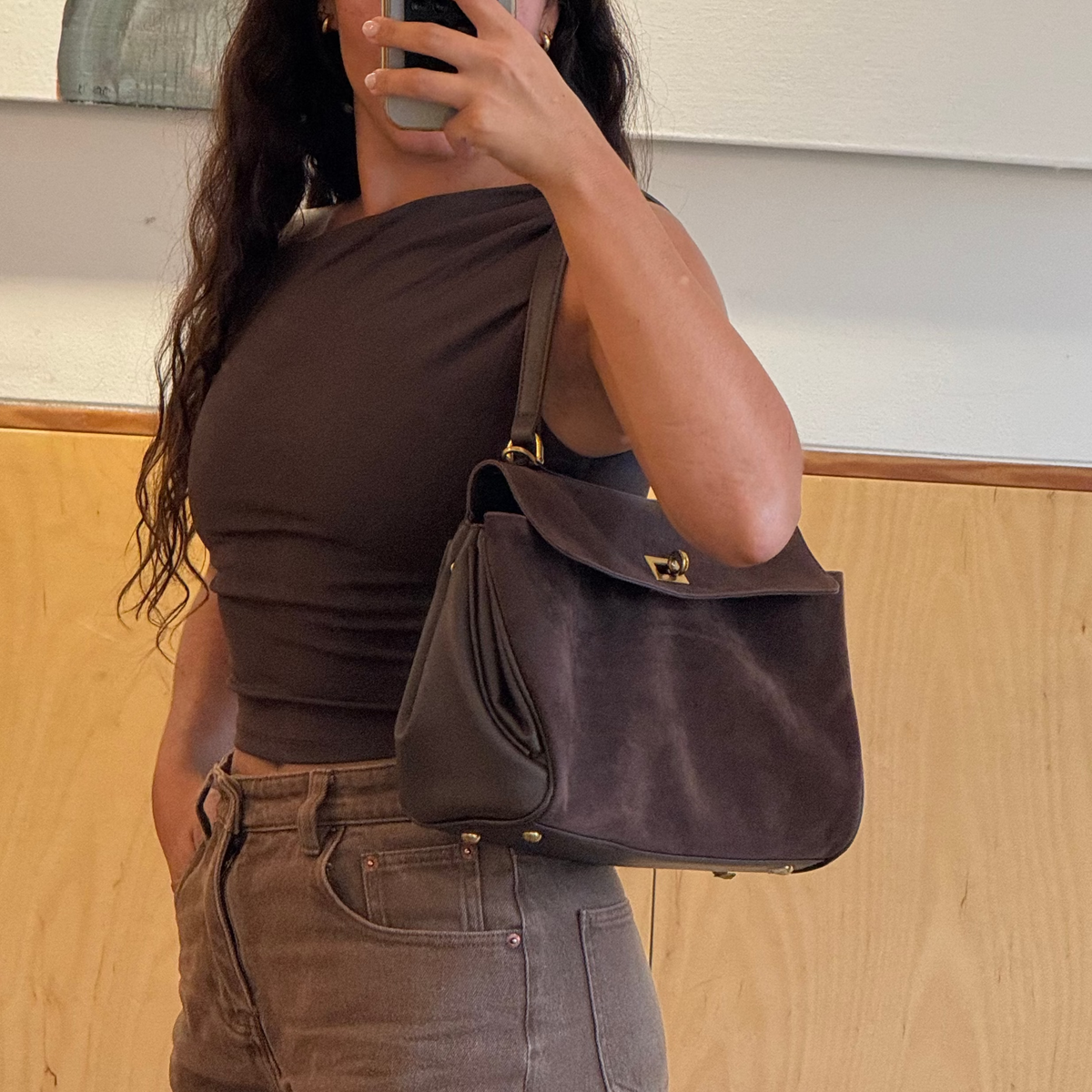 Bolso de Cuero Genuino con Frontal de Ante