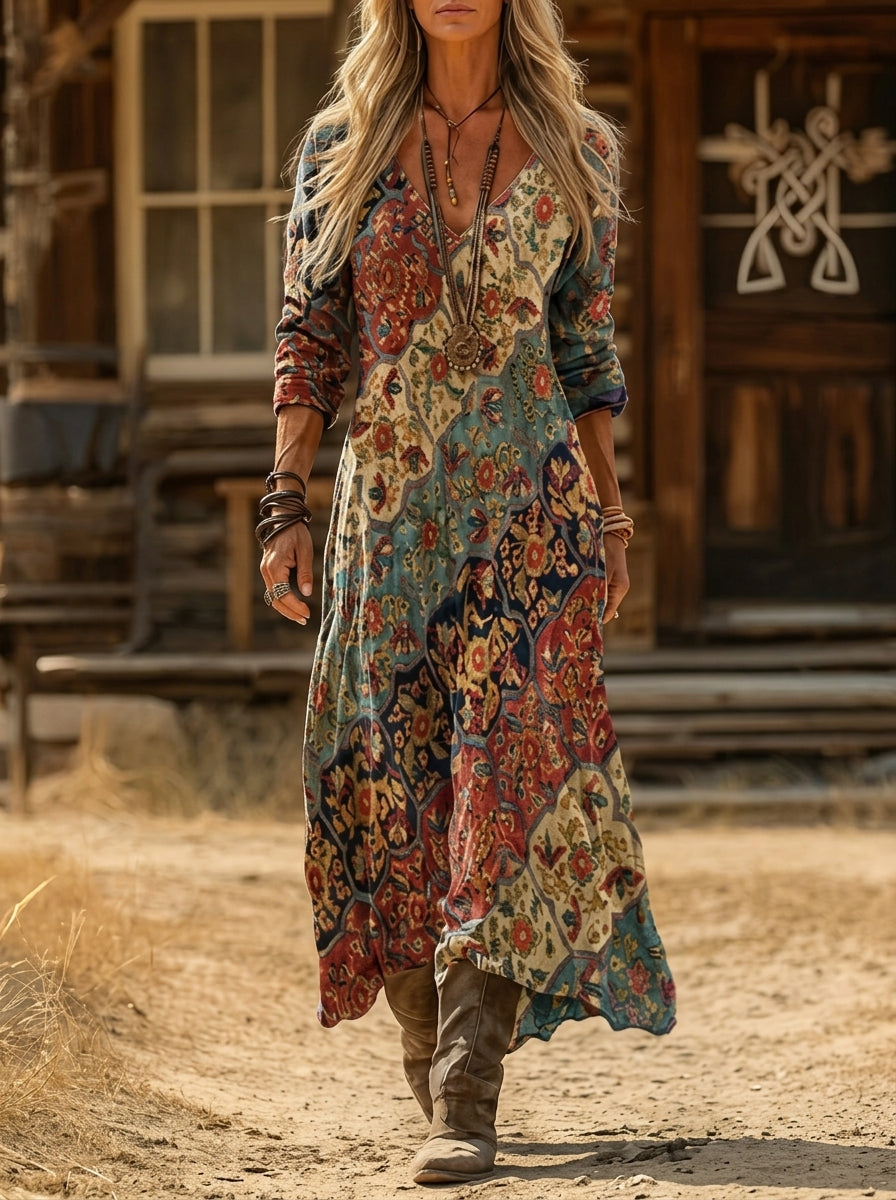 Vestido Largo Fluido con Estampado de Mosaico y Bajo Asimétrico