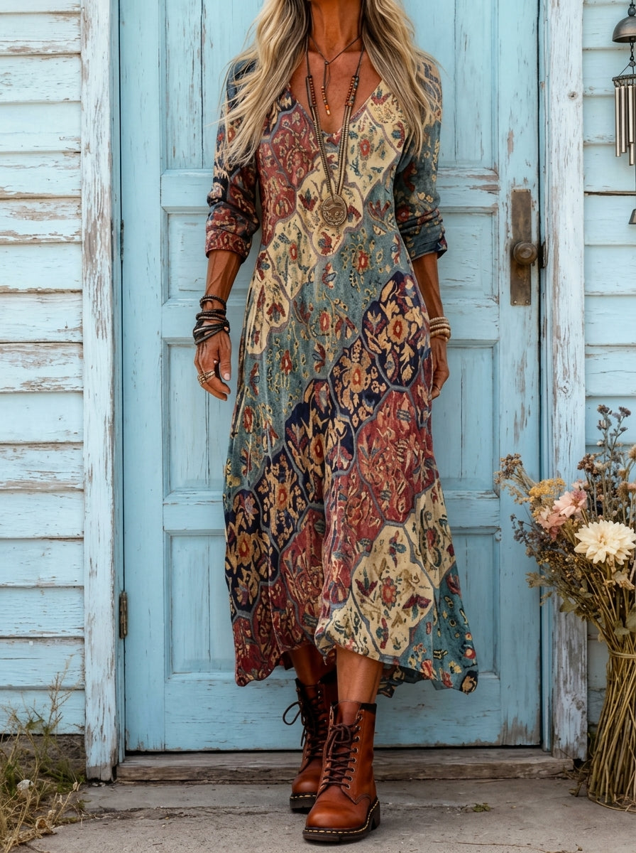 Vestido Largo Fluido con Estampado de Mosaico y Bajo Asimétrico