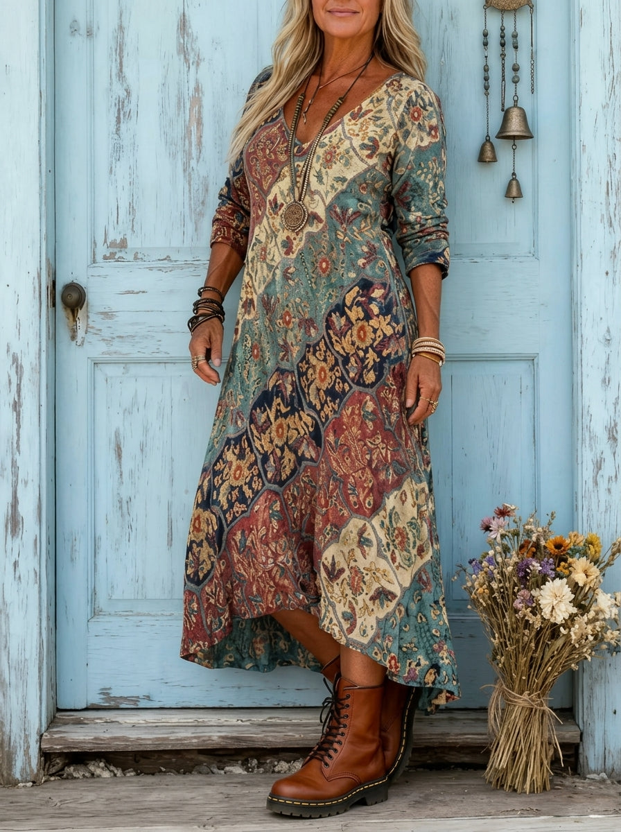 Vestido Largo Fluido con Estampado de Mosaico y Bajo Asimétrico
