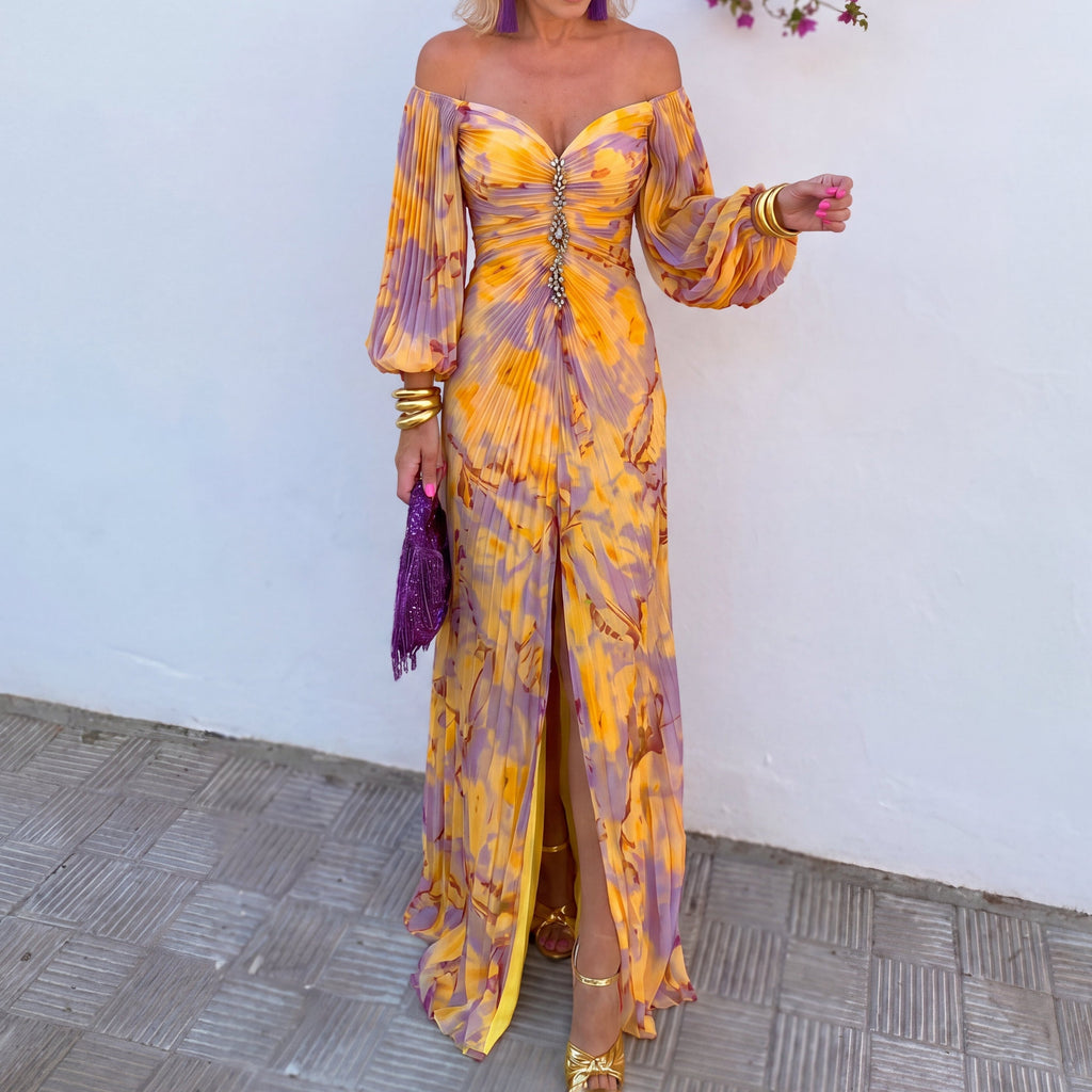 Vestido Largo Floral con Escote Corazón y Hombros Descubiertos