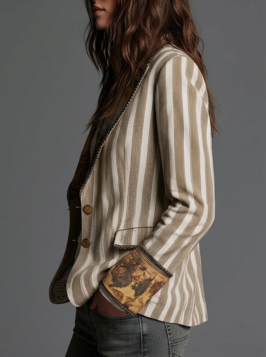 Blazer Bohemio a Rayas con Cuello Estampado