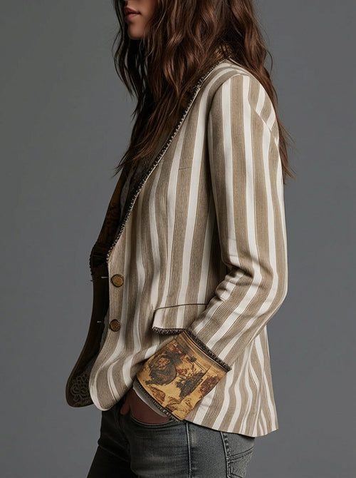 Blazer Bohemio a Rayas con Cuello Estampado