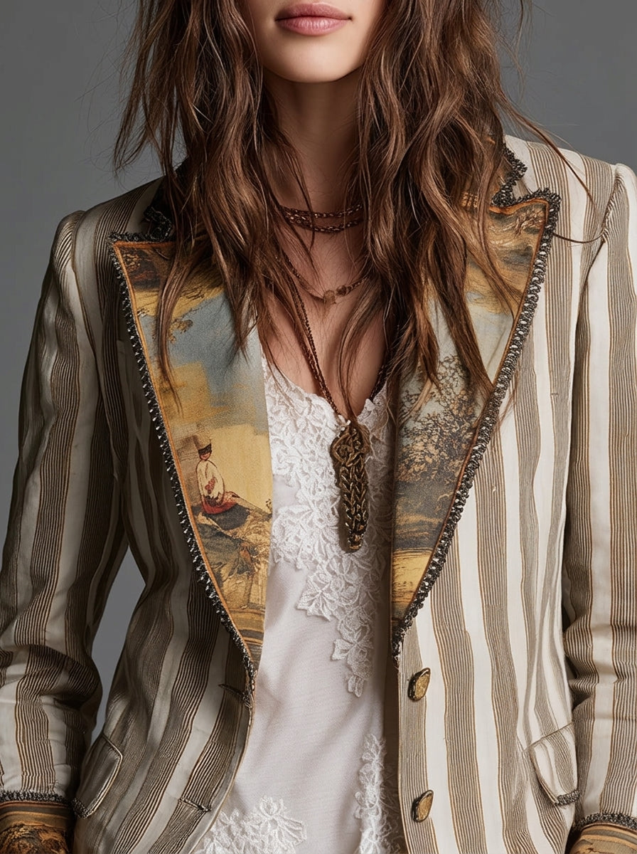 Blazer Bohemio a Rayas con Cuello Estampado