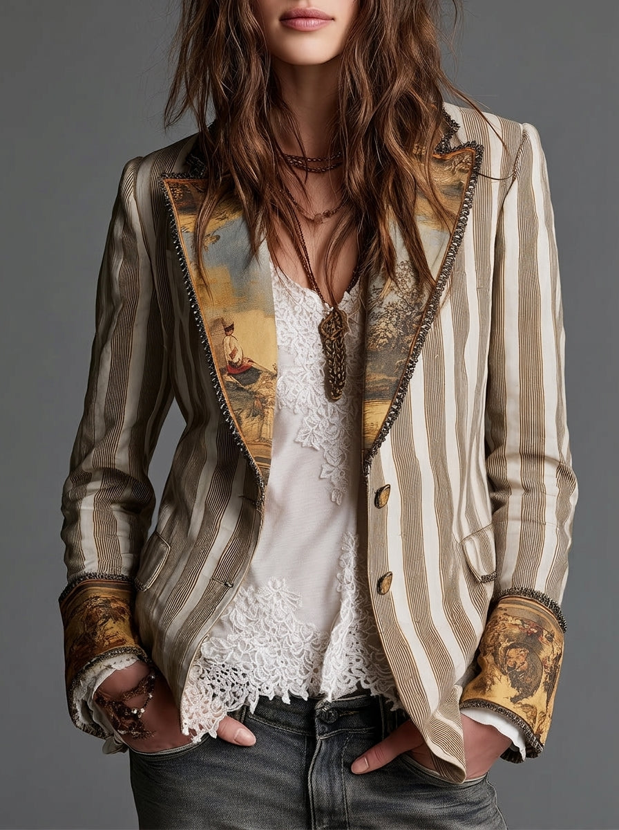 Blazer Bohemio a Rayas con Cuello Estampado