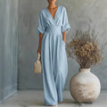 Vestido Maxi Elegante de Escote en V, Espalda Descubierta y Mangas Fluidas