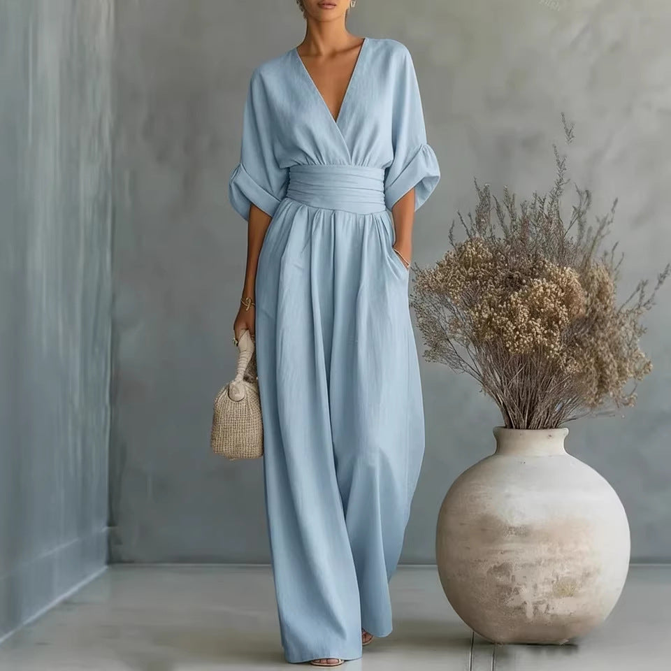 Vestido Maxi Elegante de Escote en V, Espalda Descubierta y Mangas Fluidas