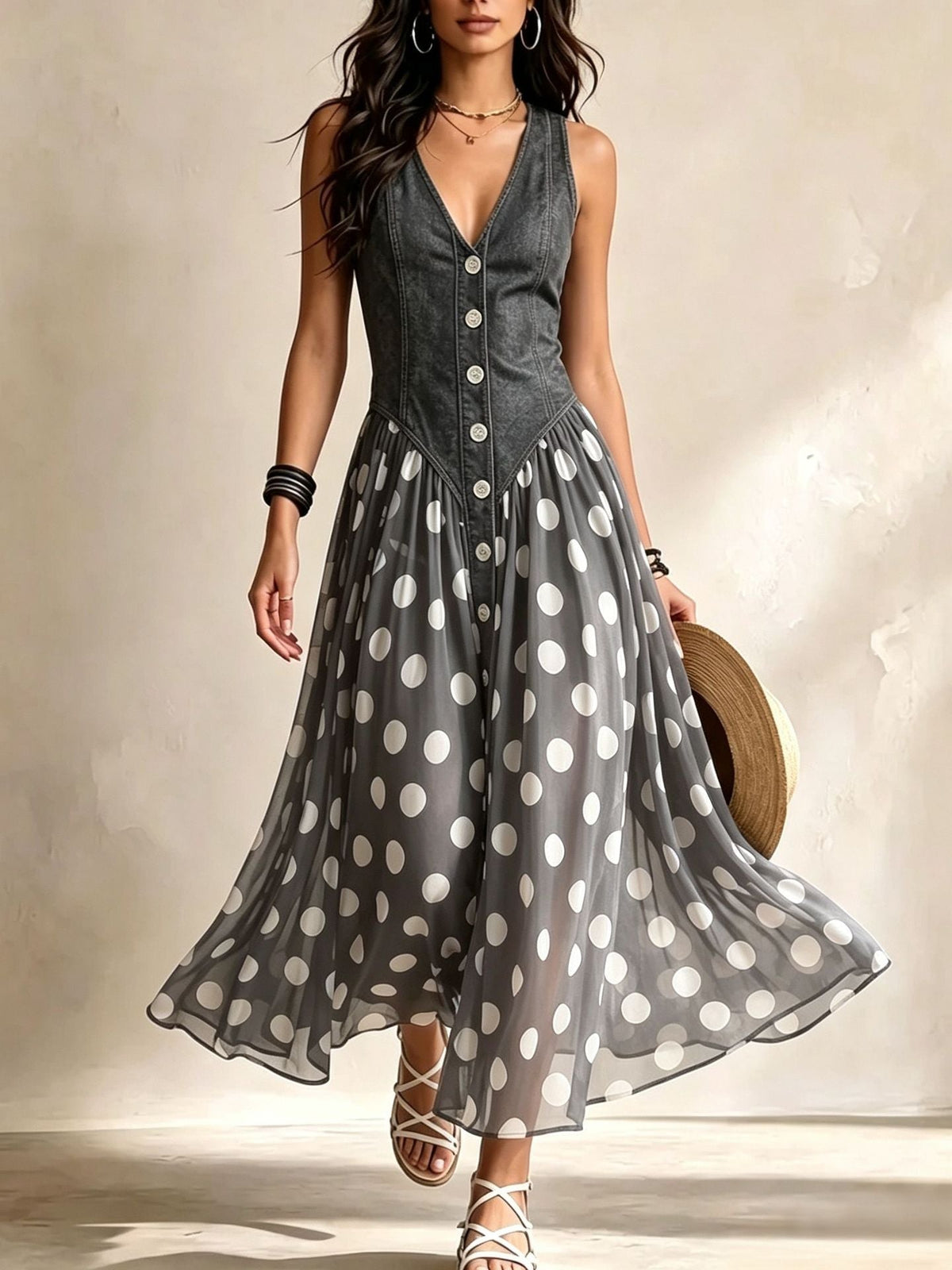 Vestido Largo Denim con Lunares, Escote en V y Corsé