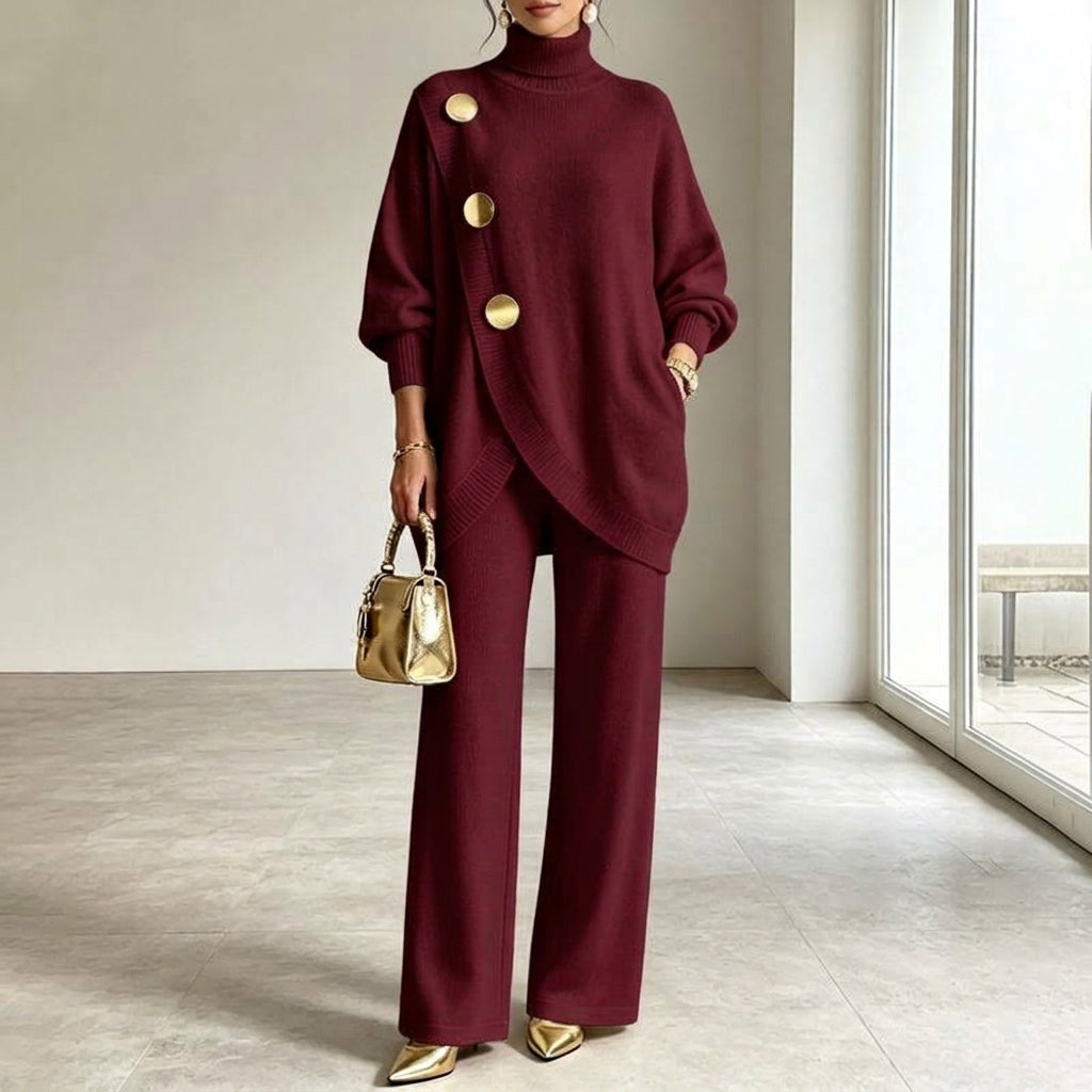Conjunto de Punto con Jersey de Cuello Alto y Pantalón Ancho