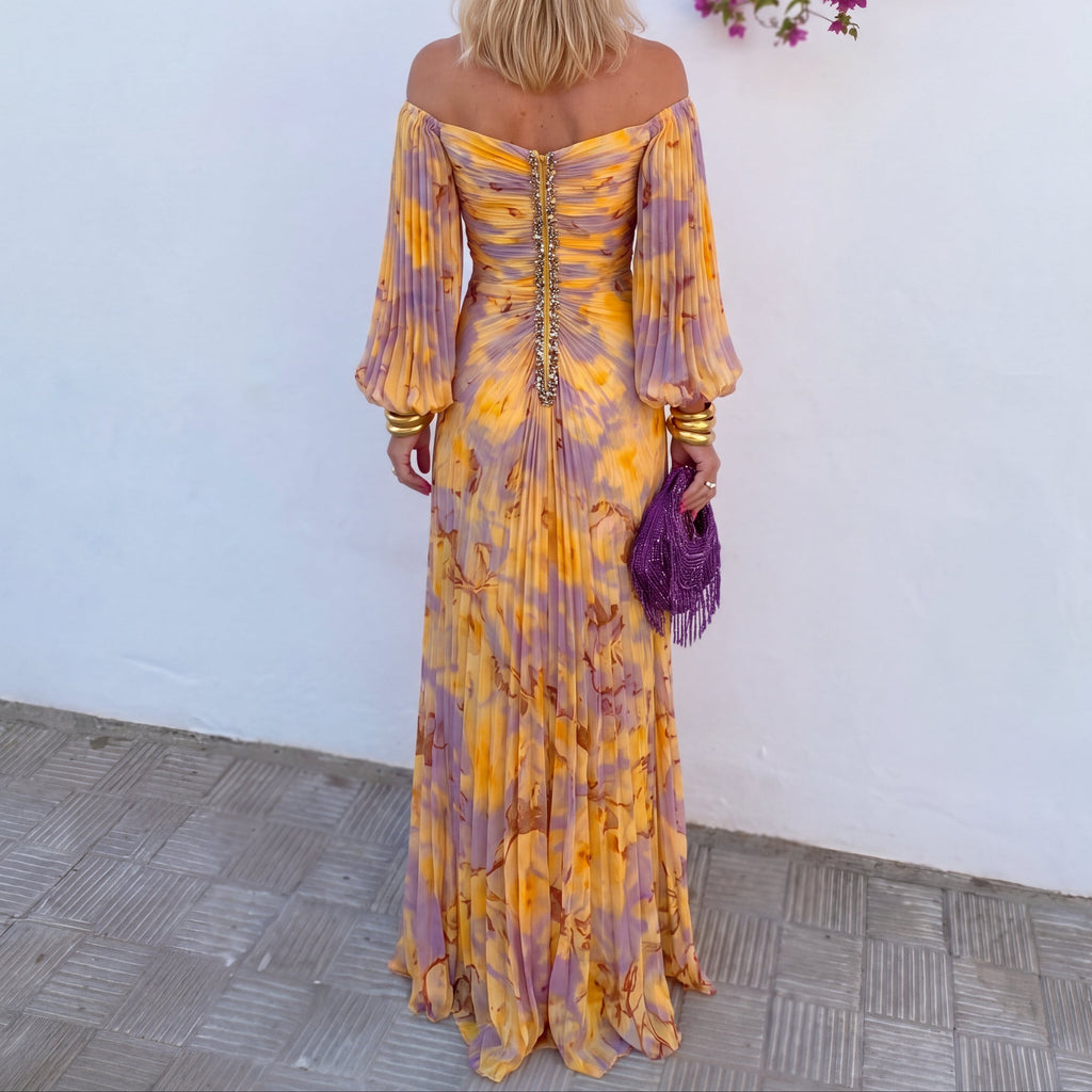 Vestido Largo Floral con Escote Corazón y Hombros Descubiertos