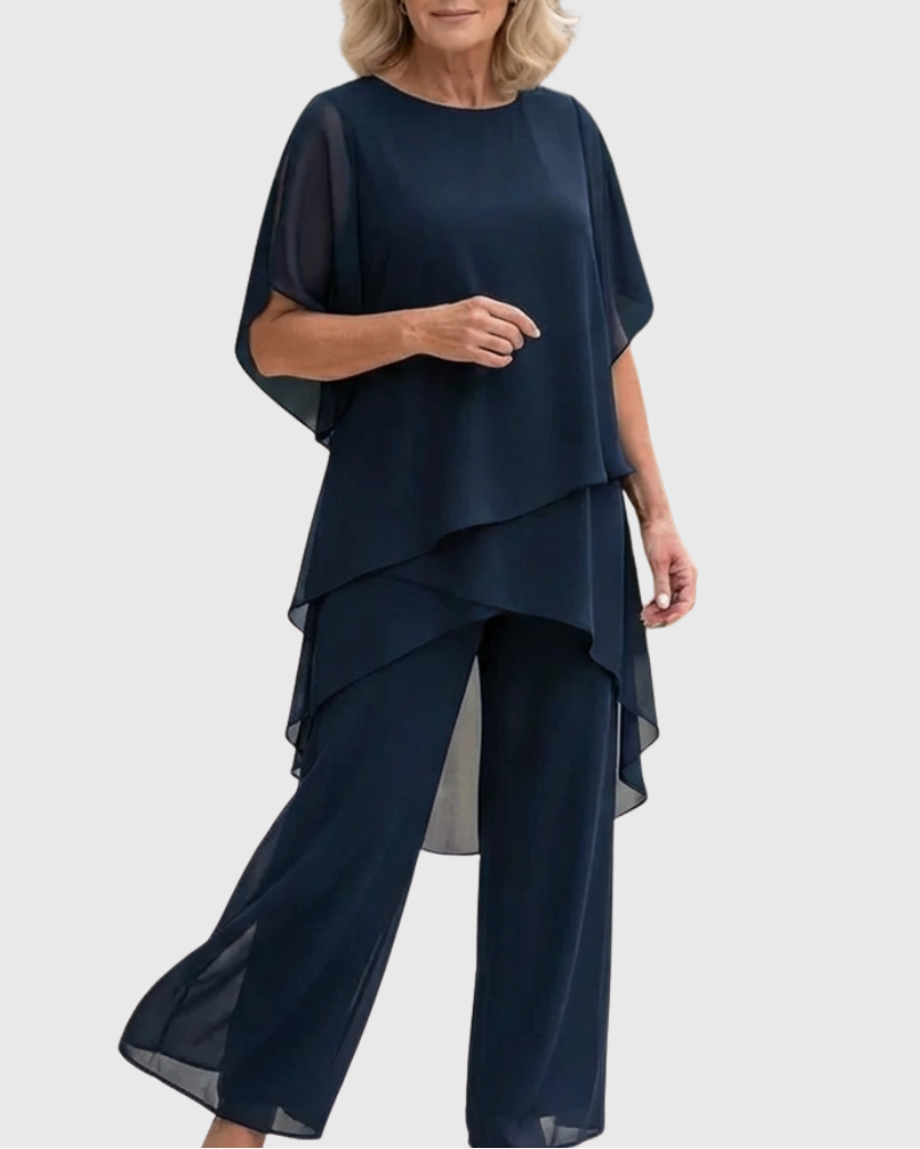 Conjunto de Blusa de Gasa en Capas y Pantalón de Pierna Ancha