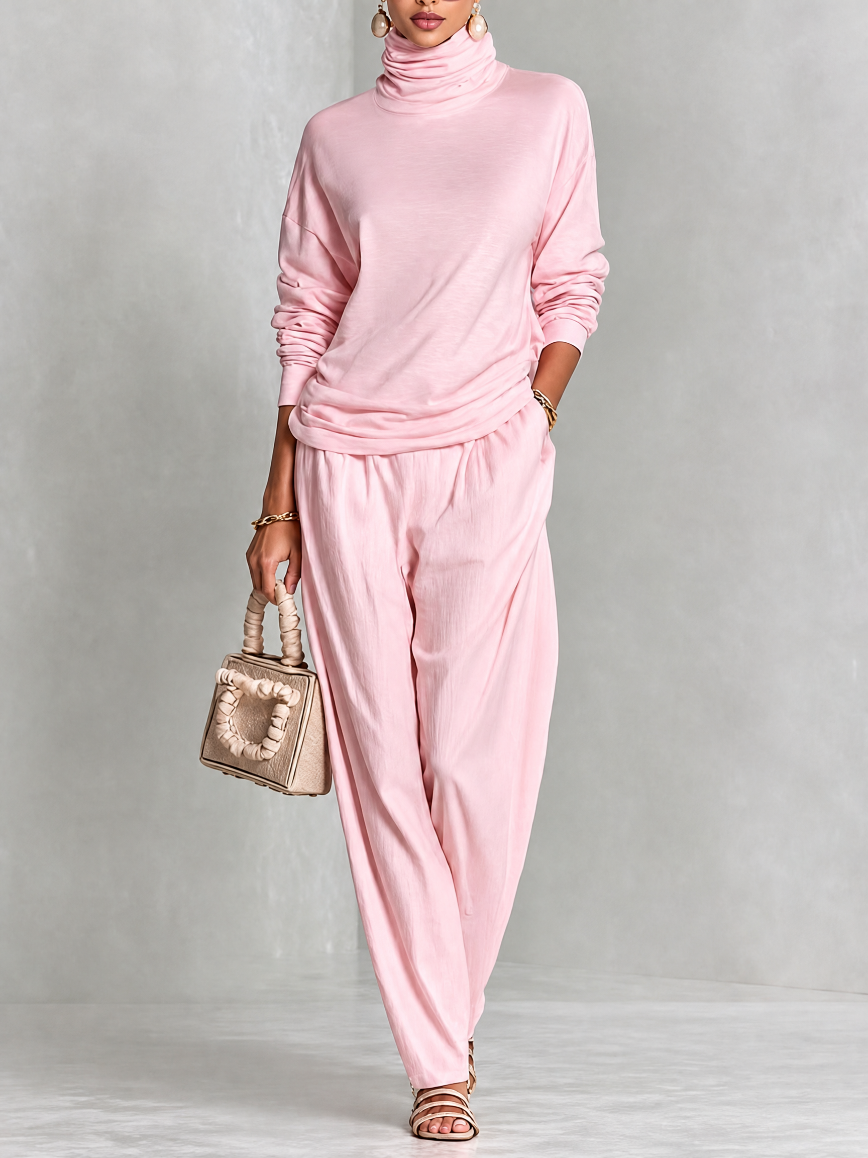 Conjunto Rosa Palo: Top Holgado de Cuello Alto y Pantalón Harem de Cintura Elástica