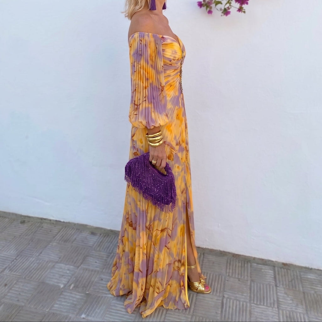 Vestido Largo Floral con Escote Corazón y Hombros Descubiertos