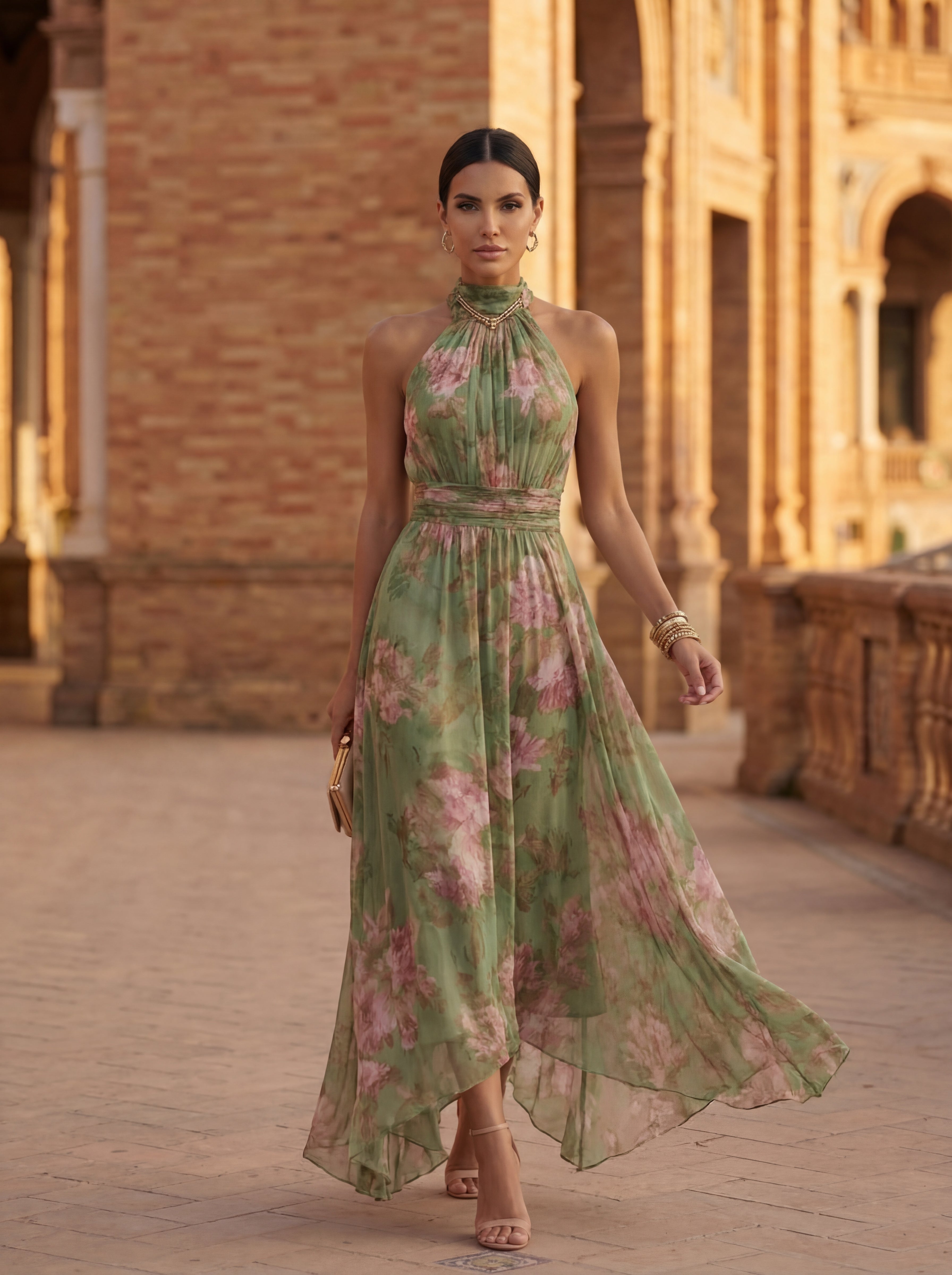 Vestido Halter Elegante en Tul con Cintura Ajustada y Falda Fluida